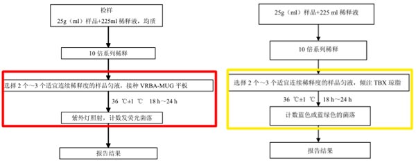 大腸埃希氏菌平板計數法檢驗程序（左：2012版   右：征求意見稿）